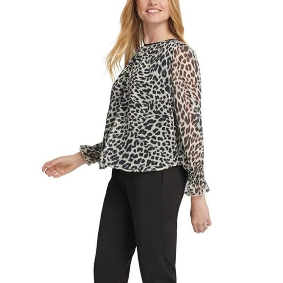Dkny Leopard-Print Crinkle-Chiffon Top - Picture 2 of 7